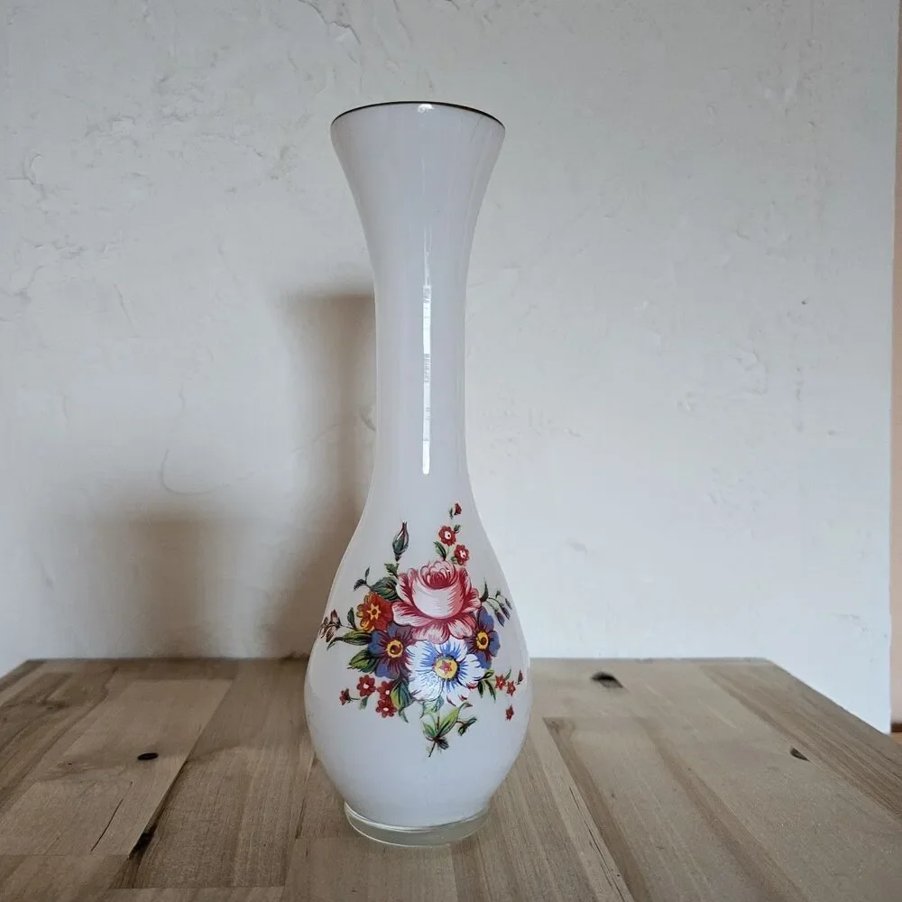 Vintage Frosted Glass Bud Vase – Floral Transfer Design – Mid Century Modern
